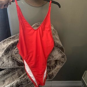 Nasty Gal Red Ribbed High Cut One Piece Suit